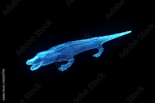 Alligator in Hologram Wireframe Style. Nice 3D Rendering 
