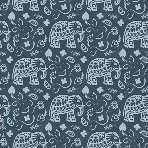 Seamless pattern with elephants and flowers. Background for textile, baby shower, greeting card, wrapping. Floral ornament.