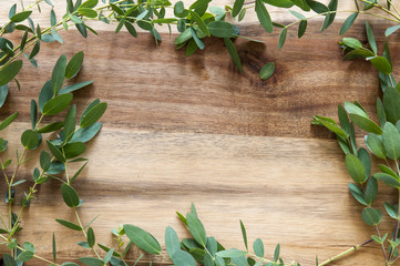 Leafy green frame on a wooden background