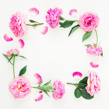 Floral frame of pink flowers - roses and peonies on white background. Floral composition. Flat lay, top view.