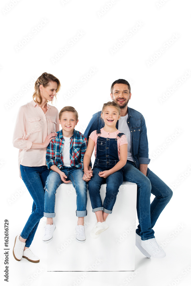 happy children holding hands with parents near by isolated on white happy children holding hands with parents near by isolated on white