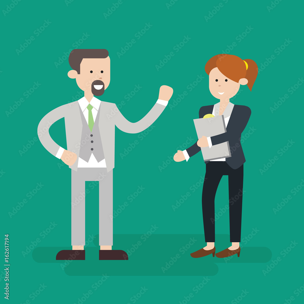 boss/manager with assistant talking about business character flat cartoon vector illustration boss/manager with assistant talking about business character flat cartoon vector illustration