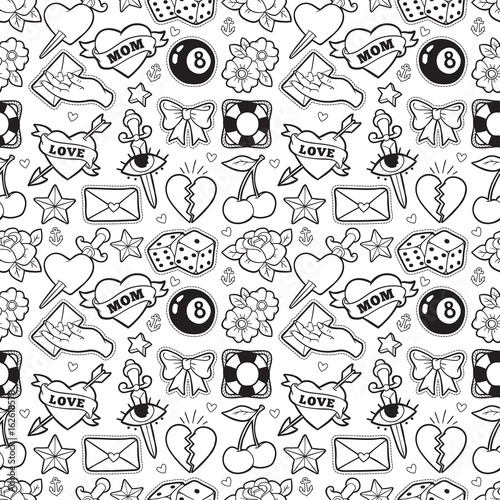 Old school seamless pattern in rockabilly style.