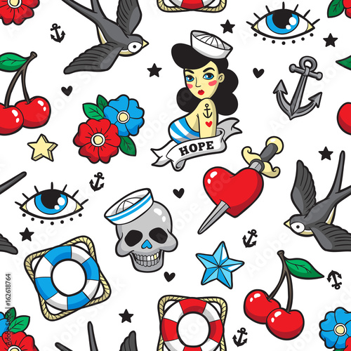 Old school seamless pattern in rockabilly style.