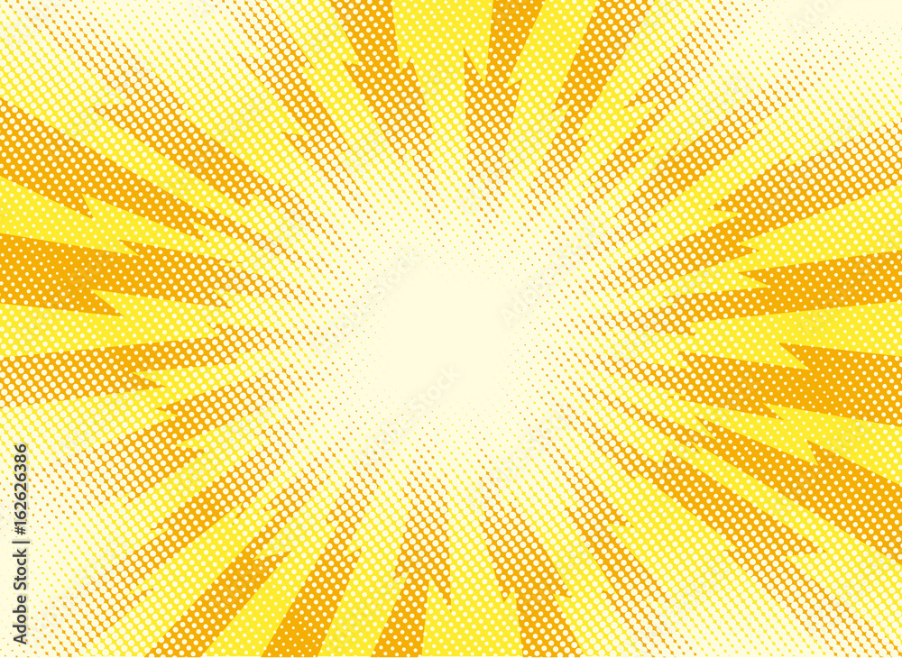 Fotografie Yellow and orange pop art retro background with exploding rays of lightning comi
