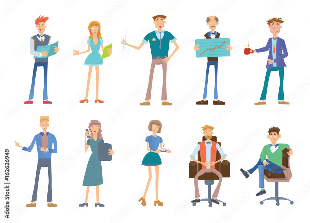 Set of business people in a casual wear. Company staff. Vector illustration, isolated on white background.