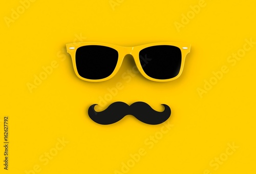 Father's day concept. Hipster yellow sunglasses and funny moustache on yellow background, 3D rendering