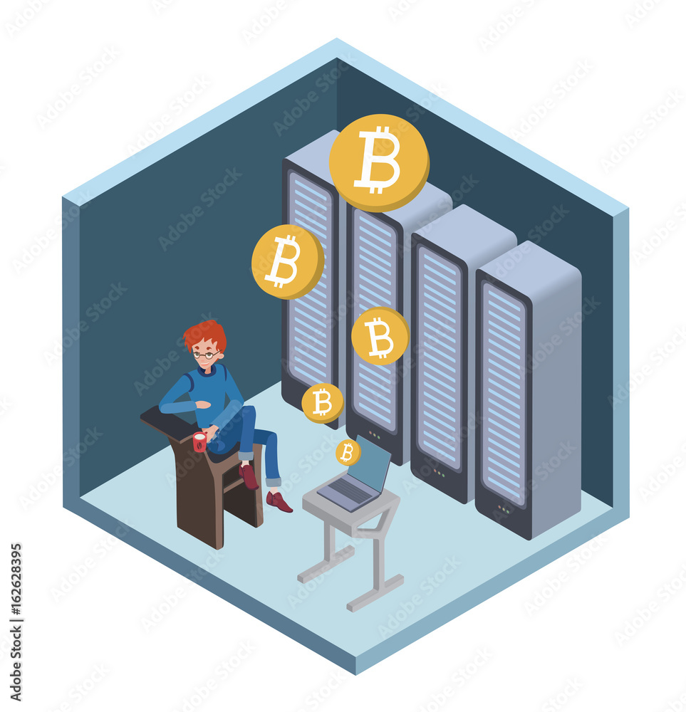 Mining bitcoin concept. Young man sitting at the computer in the server room. Cryptocurrency mining farm. Vector cartoon illustration in isometric projection.