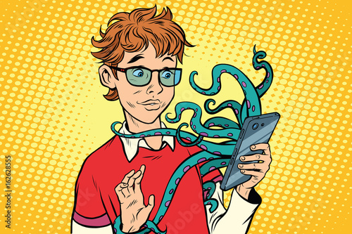 teen and octopus in the smartphone, danger online