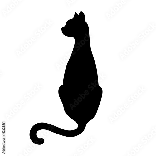 Black isolated silhouette of back sitting cat with turned head on white background.