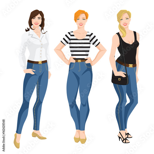 Vector illustration of girl in blue jeans and different models of the shirt