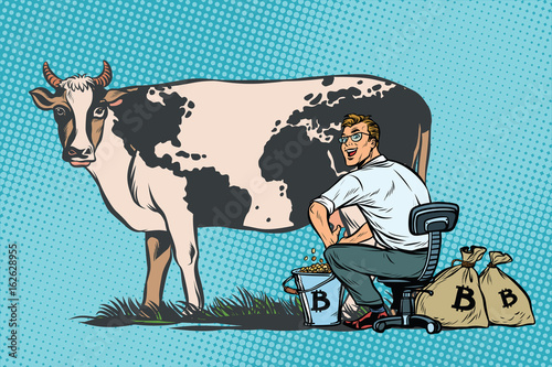 Businessman mines bitcoins milking a cow, world business