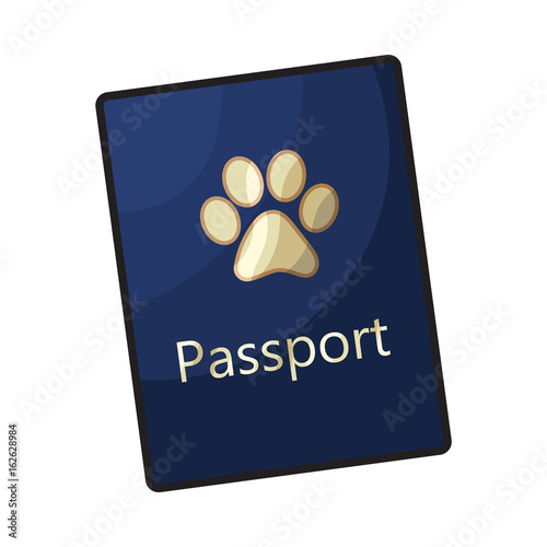 Pet passport, formal document, certificate for dog, cat, transportation, sketch vector illustration isolated on white background. Pet passport as small blue booklet with golden paw print on cover