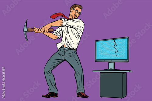 Businessman breaks the computer, cryptographer virus ransomware 