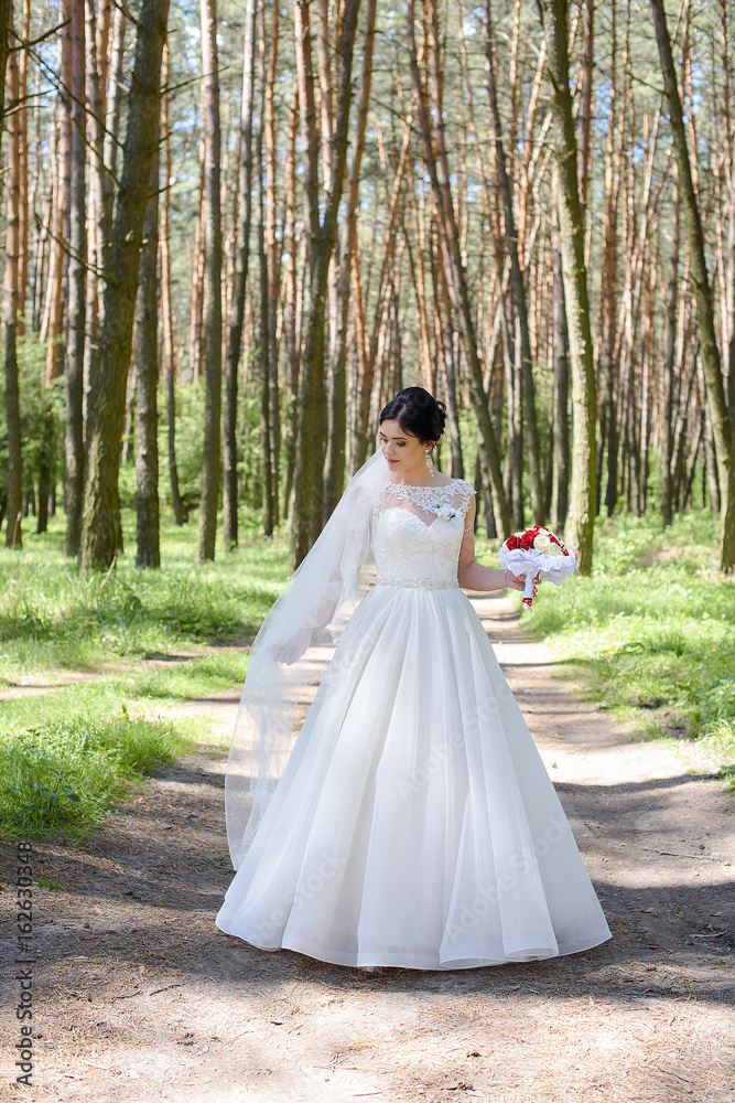 Beautiful bride in white dress in the old forest