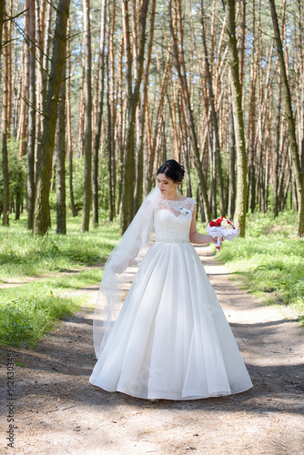 Beautiful bride in white dress in the old forest