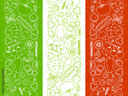 Pizza ingredients borders on Italian flag background