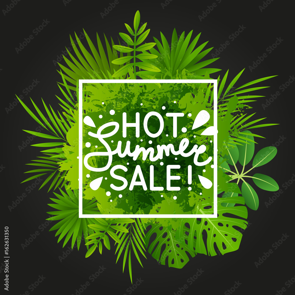 Summer sale message on tropical leaves background