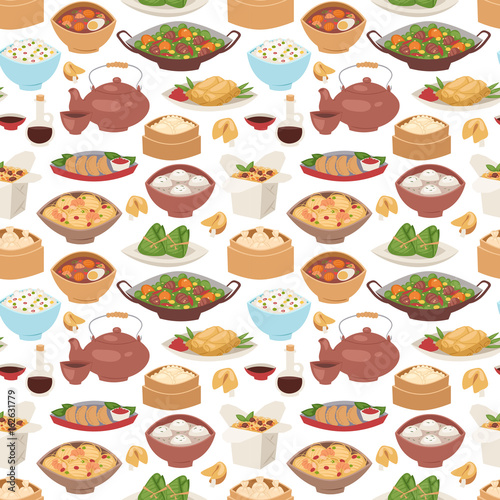 Chinese traditional food steamed dumpling asian delicious seamless pattern vector