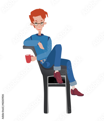 Young redhead man sitting on a chair with a Cup of coffee. Vector illustration, isolated on white background.