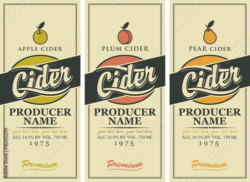 Vector set of labels for various types of cider. Three labels for a cider in the square frame with apple, plum and pear.