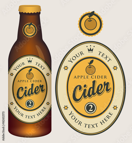 Vector label for apple cider with crown and inscription in oval frame. Template label for cider and neck label on glass bottle with cap in retro style.