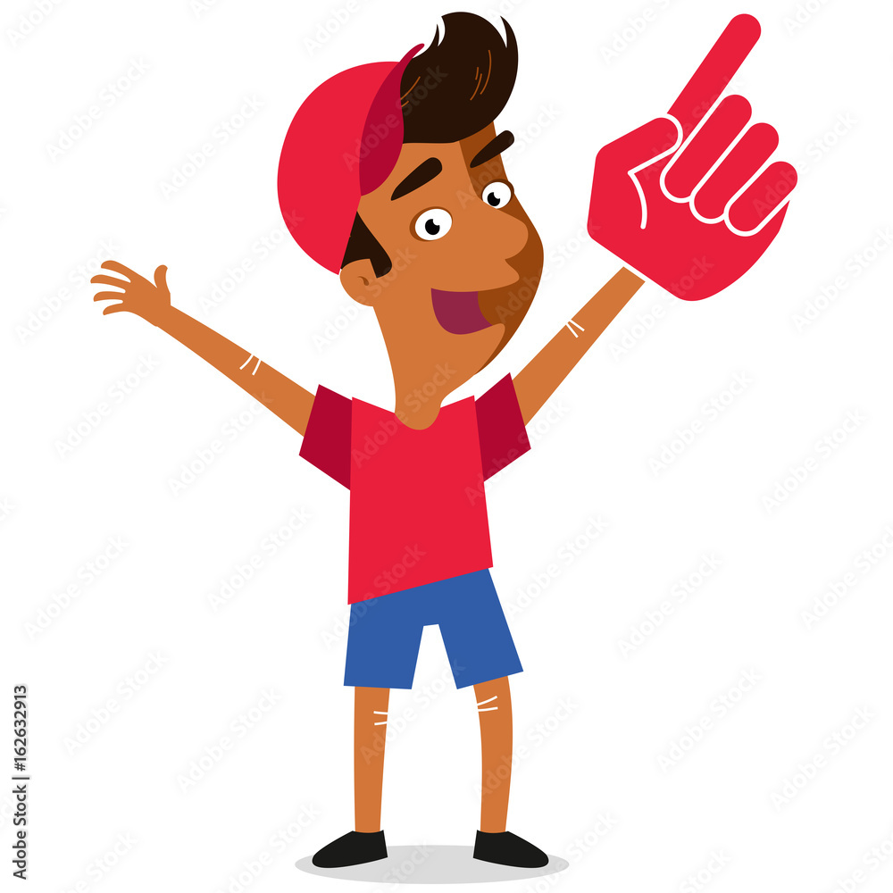 Vector illustration of young sports Fan wearing foam hand rooting for his team isolated on white background Vector illustration of young sports Fan wearing foam hand rooting for his team isolated on white background