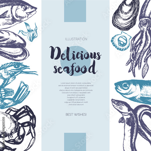 Delicious Seafood - color drawn vintage banner template.