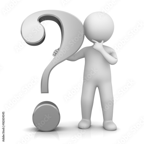 question mark 3d silver grey gray interrogation point asking sign punctuation mark with standing thinking stick man isolated on white background for business presentation and print