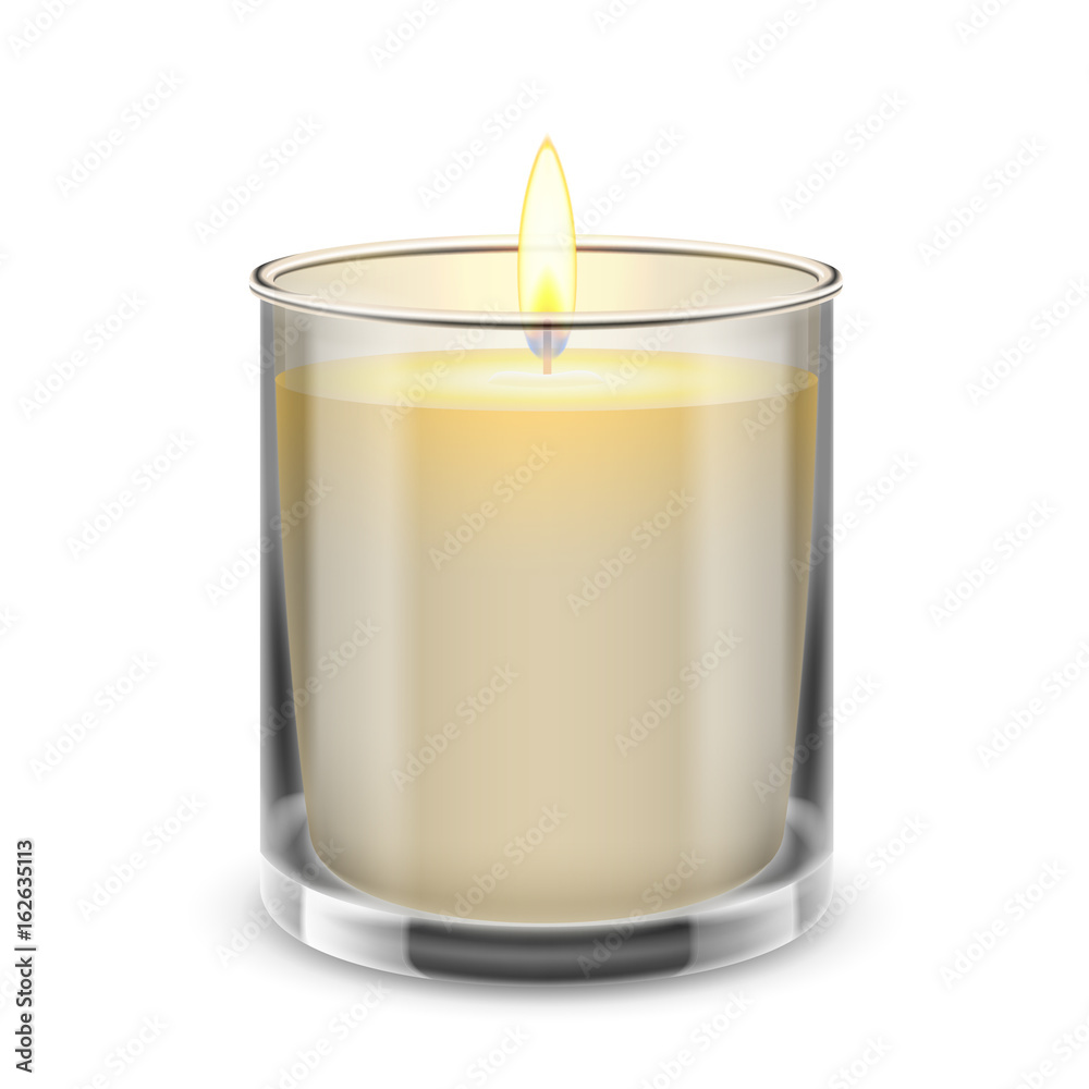 Candle light in a straight glass jar. Vector realistic illustration. - obrazy, fototapety, plakaty 