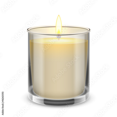 Candle light in a straight glass jar. Vector realistic illustration.