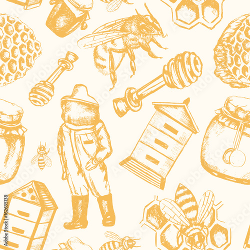 Bee Garden - hand drawn seamless pattern