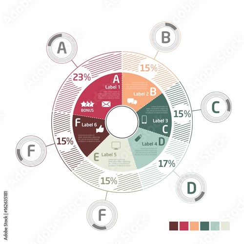 Modern paper infographics in a 6 pie chart for web, banners, mobile applications, layouts etc. Vector eps illustration by Inexviper — Vector by Inexviper_sell