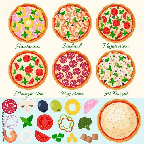 Pizza set vector illustration. Hawaiian, Margherita, Pepperoni, Vegetarian, Seafood, Mushroom pizza. Isolated pizza ingredients