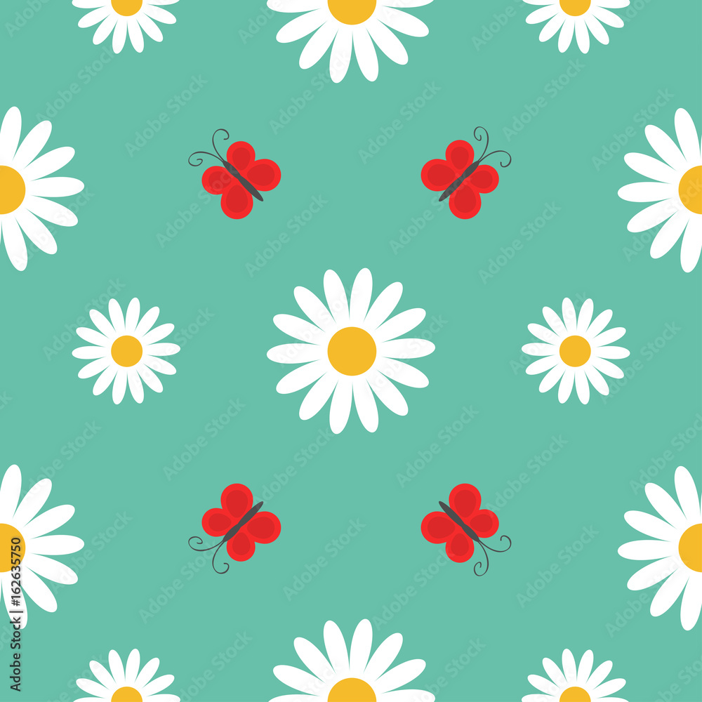 Red butterfly insect. White daisy chamomile. Cute flower plant collection. Camomile icon Growing concept. Seamless Pattern Wrapping paper, textile template. Green background. Flat design. Red butterfly insect. White daisy chamomile. Cute flower plant collection. Camomile icon Growing concept. Seamless Pattern Wrapping paper, textile template. Green background. Flat design.