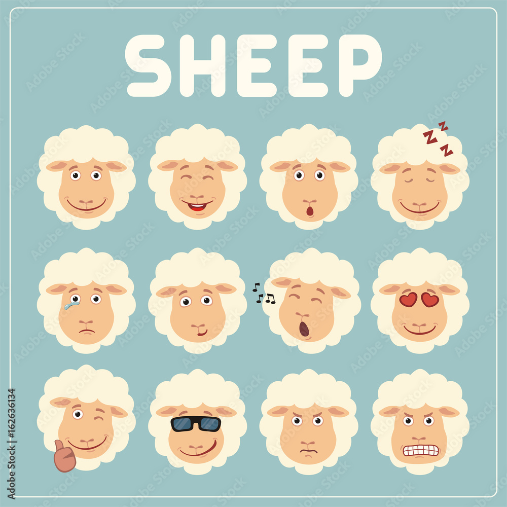 Naklejka premium Emoticons set face of sheep in cartoon style. Collection isolated funny muzzle sheep with different emotion.