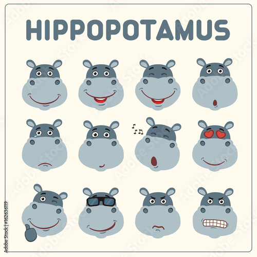 Emoticons set face of hippopotamus in cartoon style. Collection isolated funny muzzle hippo with different emotion.