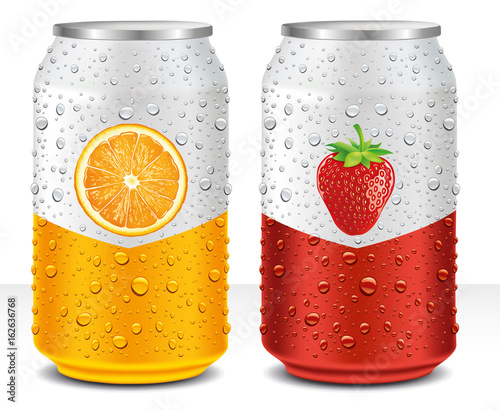 Aluminum tin Cans with orange, strawberry