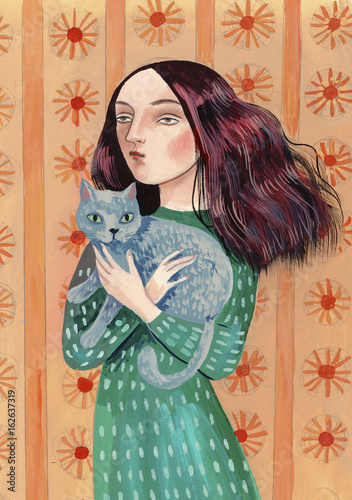 Girl hugging a grey cat