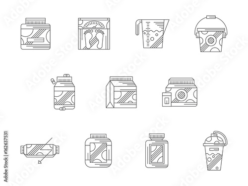 Sports nutrition flat line vector icons set