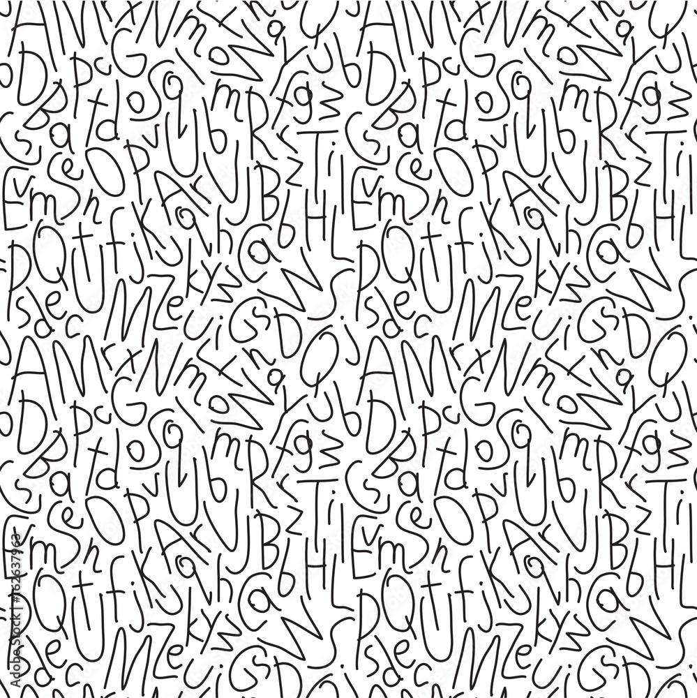 Seamless pattern with hand drawn letters. Simple kids drawing style. Black elements on white background. Funny vector design for children print, background, wrapping, wallpaper, scrapbook.