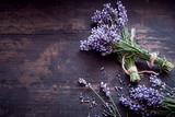 Bunches of fresh aromatic lavender on rustic wood