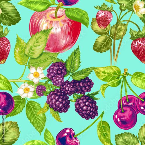Vector seamless floral pattern with fruits and berries.