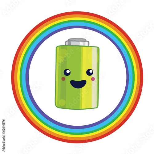Illustration for battery recycling with kawaii battery and rainbow.