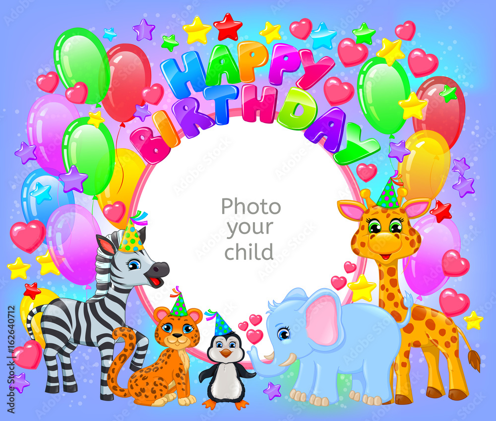 Naklejka premium Birthday party cute animal frame your baby photo