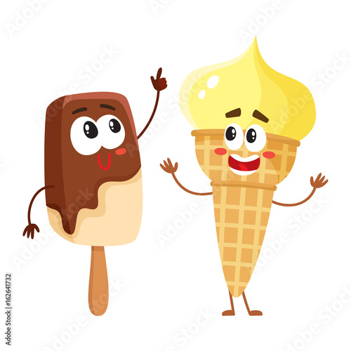 Two funny ice cream characters - vanilla cone and chocolate popsicle, cartoon style vector illustration isolated on white background. Two cute smiling creamy and chocolate ice cream characters