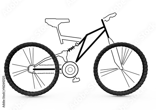 Mountain bike, a three-dimensional honor and a piece painted in pencil. Bike layout 3d rendering