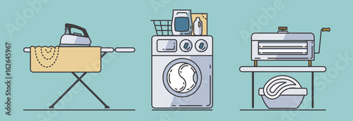 Set of laundry accessories such as iron, ironing board, linen, washing machine, basket, washing powder, wringer. Design icons isolated on blue-green background