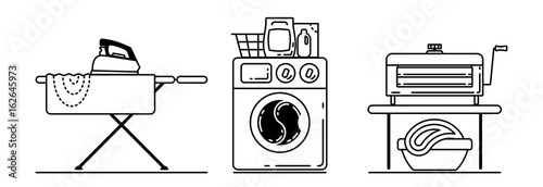 Set of laundry accessories such as iron, ironing board, linen, washing machine, basket, washing powder, wringer. Vector design icons isolated on white background