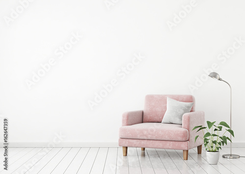 Interior poster mock up with pink velvet armchair, pillow and plants on white wall background with free space on left. 3d rendering.